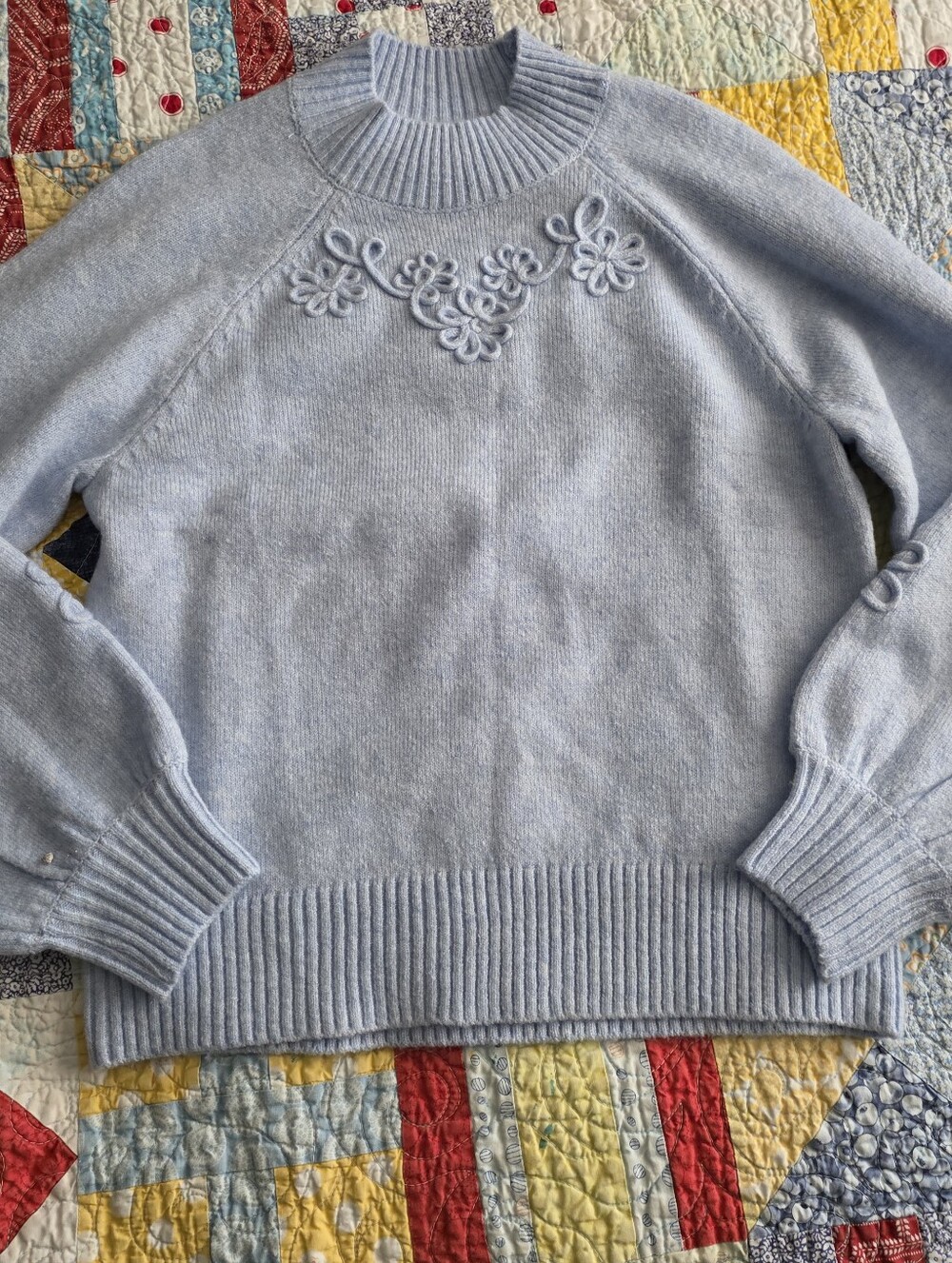 LC Lauren Conrad Light Blue Off-the-Shoulder Floral Appliqué Sweater